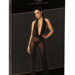 An additional view of the Luminara black shimmer mesh jumpsuit
