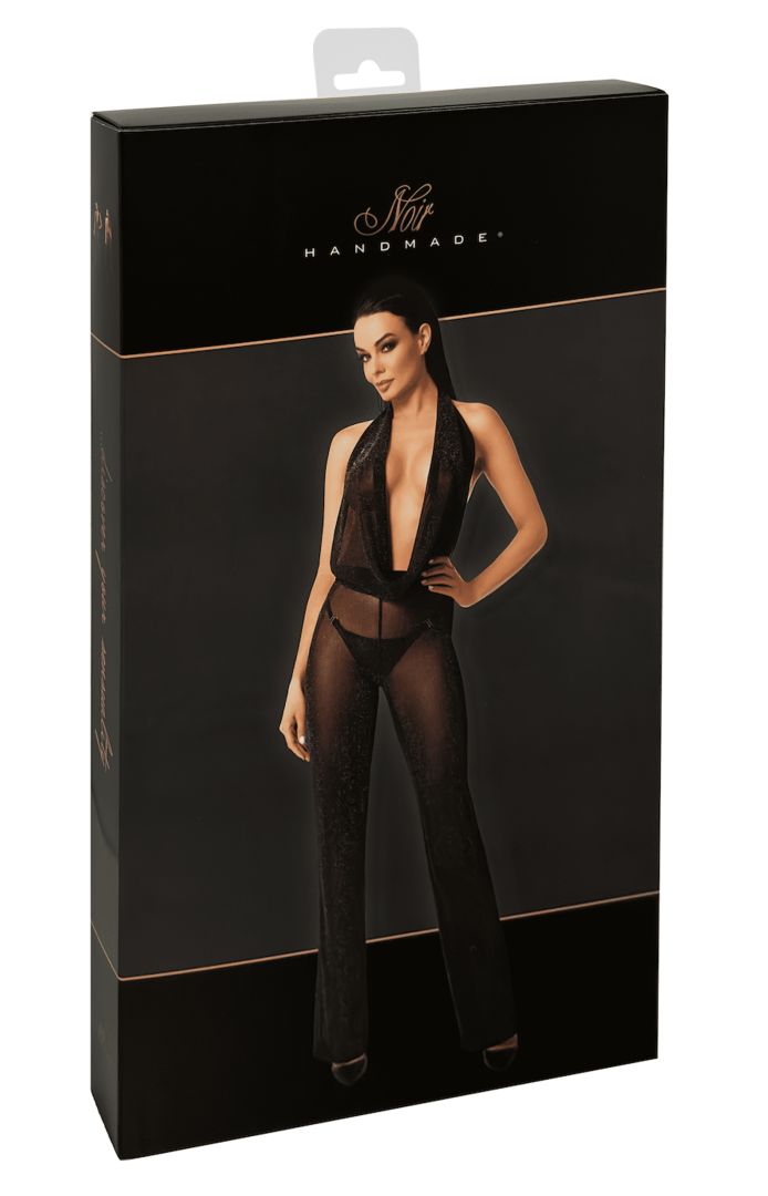 An additional view of the Luminara black shimmer mesh jumpsuit