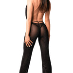 An alternate view of the Luminara black shimmer mesh jumpsuit, with a halter neckline