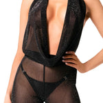 The Luminara black shimmer mesh jumpsuit seen from another angle