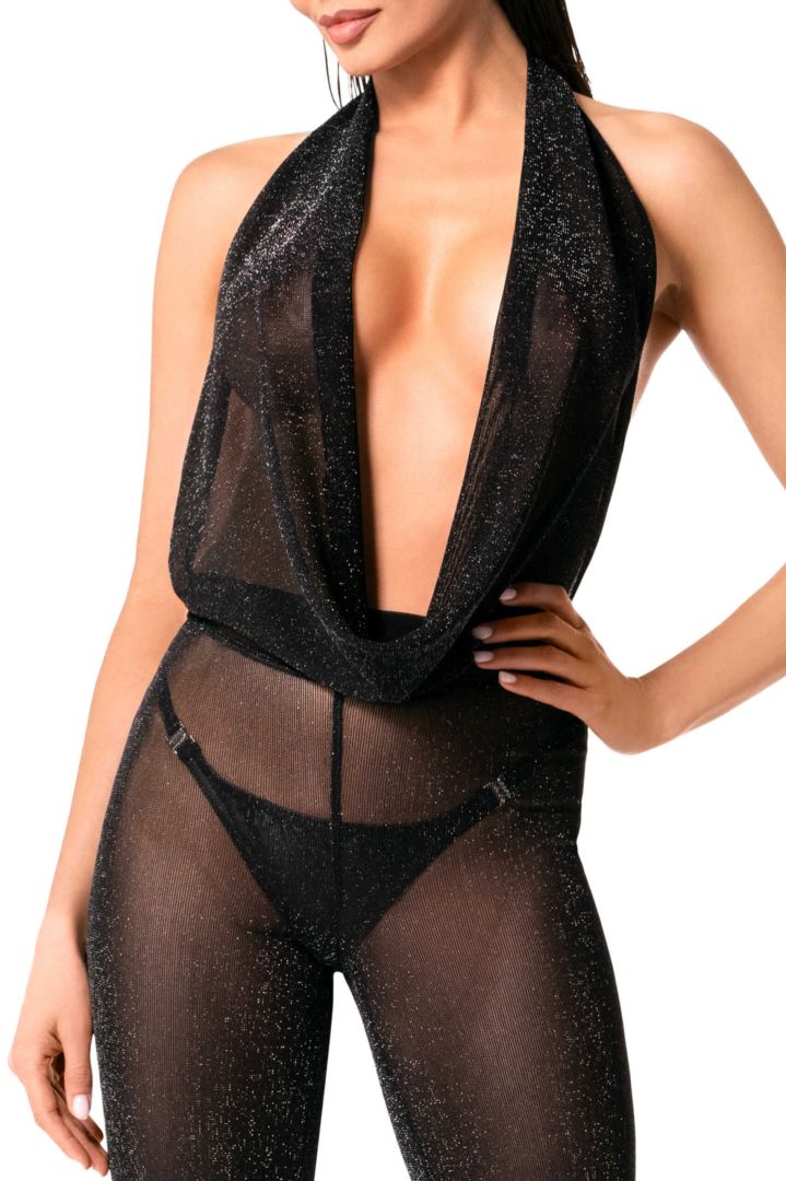 The Luminara black shimmer mesh jumpsuit seen from another angle