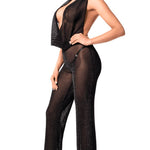 The Luminara black shimmer mesh jumpsuit with wide-leg pants
