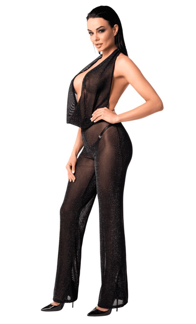 The Luminara black shimmer mesh jumpsuit with wide-leg pants