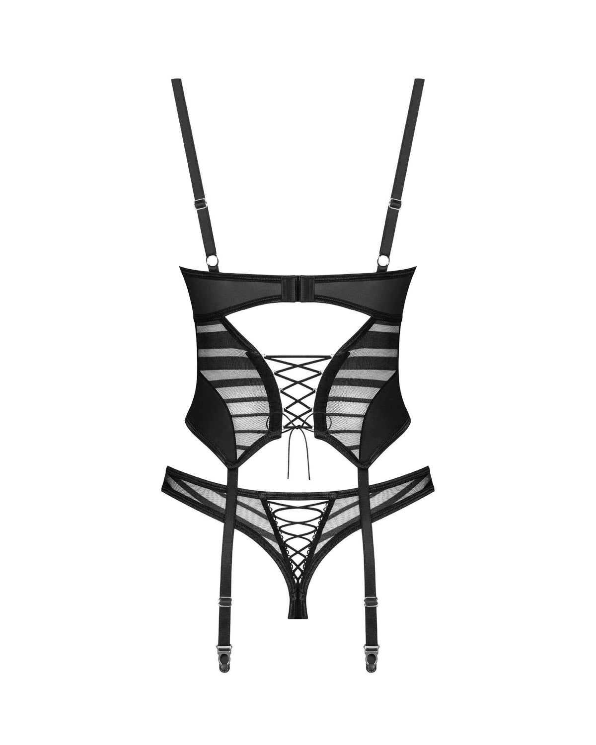Alternate view of the Lune Bellis black striped mesh corset and thong