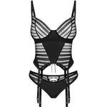 Lune Bellis black striped mesh corset and thong with oval underwired cups