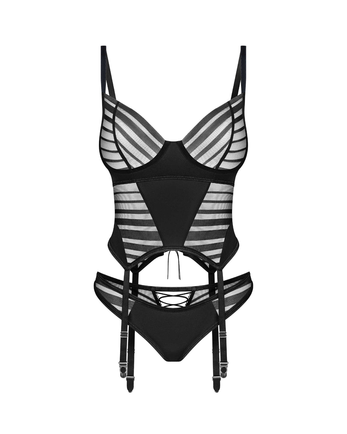Lune Bellis black striped mesh corset and thong with oval underwired cups