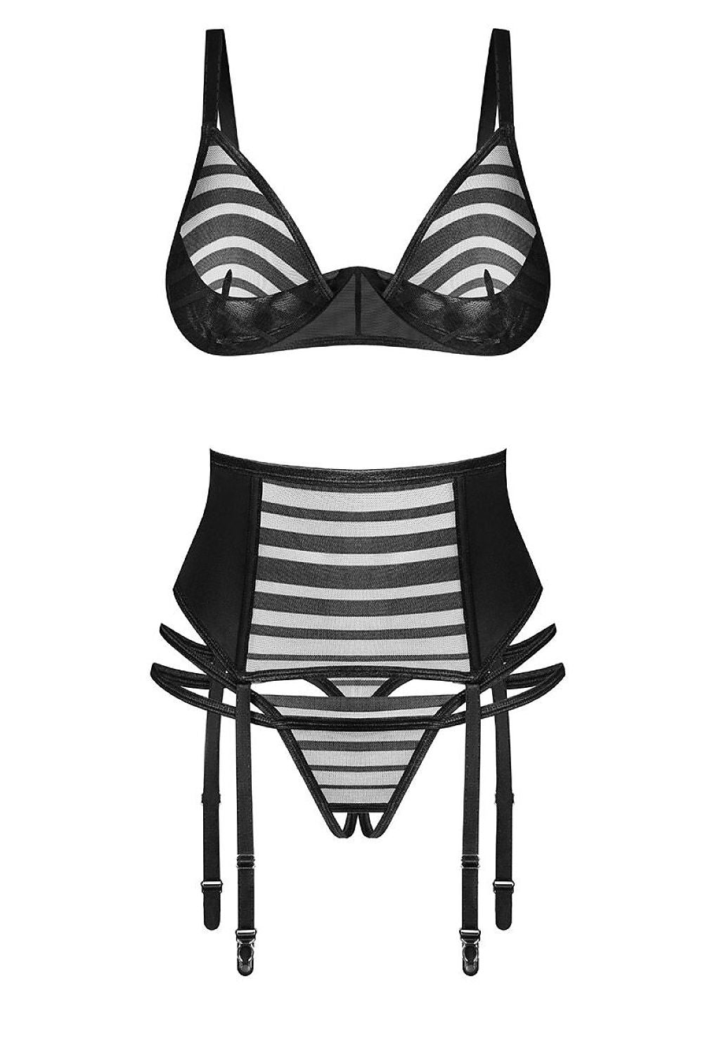 An alternate view of the Lune Bellis three-piece mesh set, with a geometric pattern and lacing