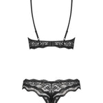 An additional view of the Luvae black cupless bra and thong set