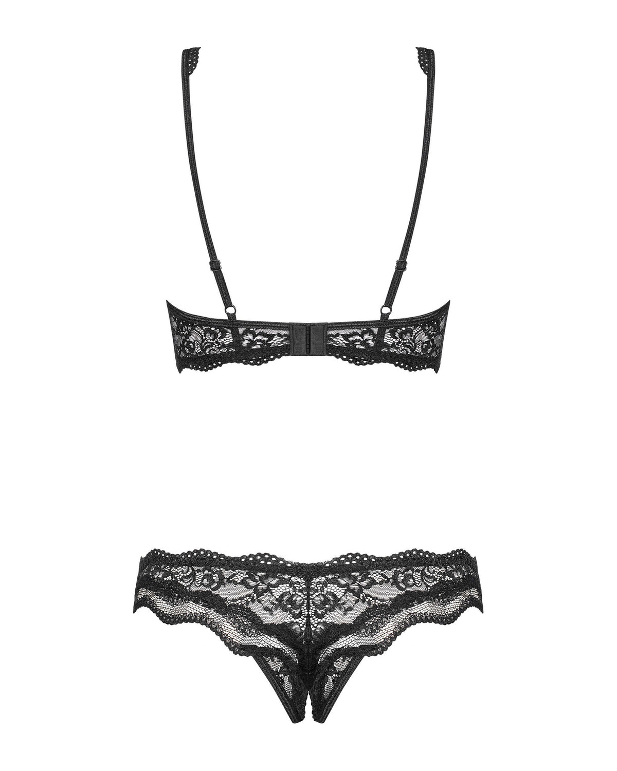 An additional view of the Luvae black cupless bra and thong set