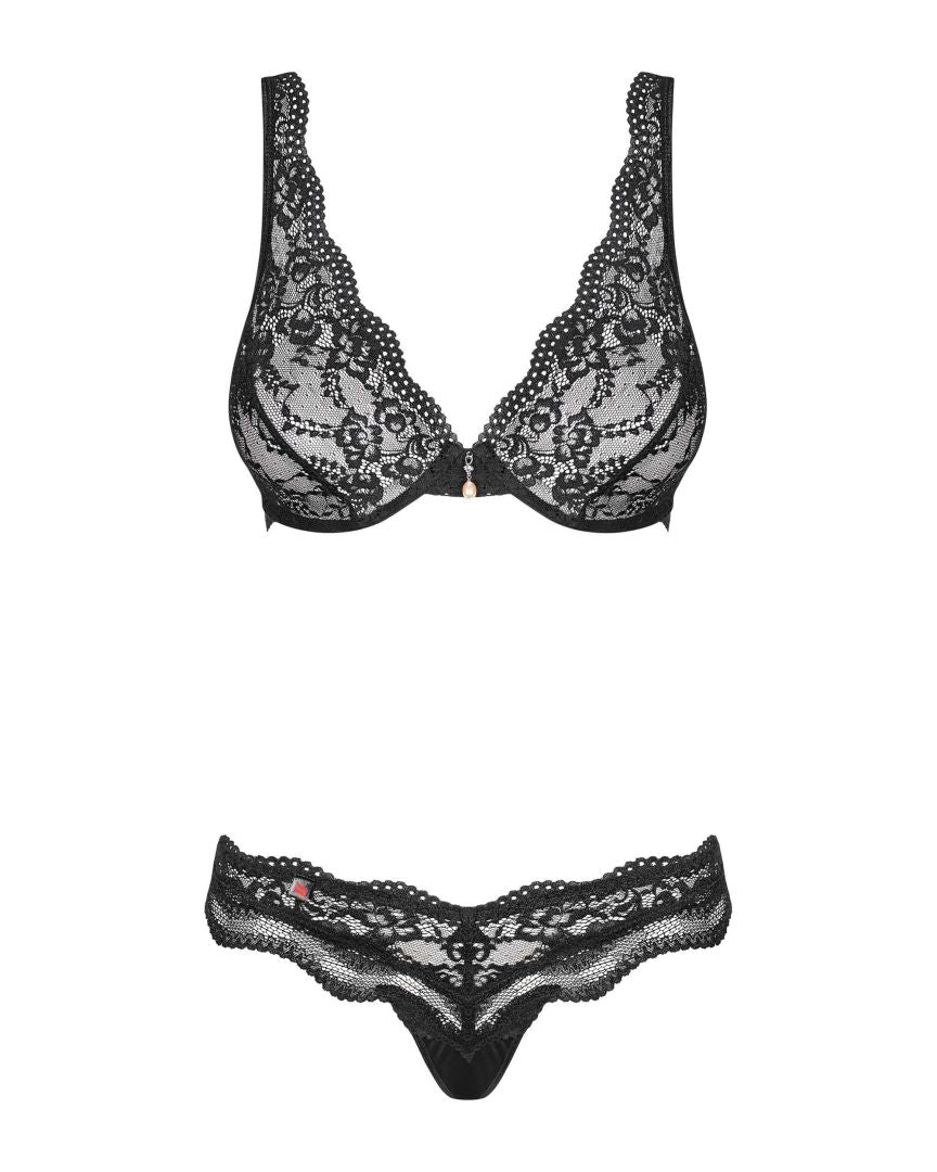 The Luvae black lace bra and thong set, seen from a different angle
