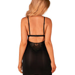 An alternate view of the Maderris black chemise and thong, with multi-stage fastening