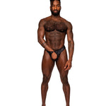 Sassy Lace black floral lace men's open ring thong with crotchless pouch by Male Power