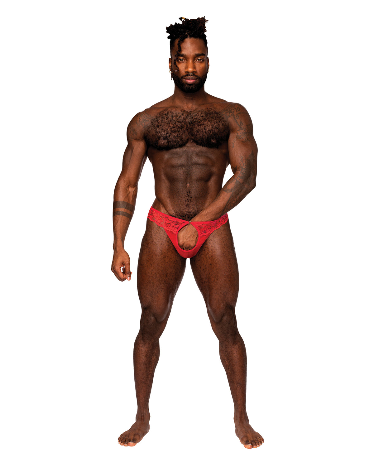 Sassy Lace red floral lace men's open ring thong with crotchless pouch by Male Power