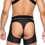 Black perforated spandex chaps with a hook and ring closure waistband