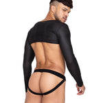 Black perforated spandex crop top with a wide crew neckline