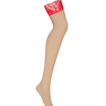 An additional view of the Matildea red and nude lace stockings