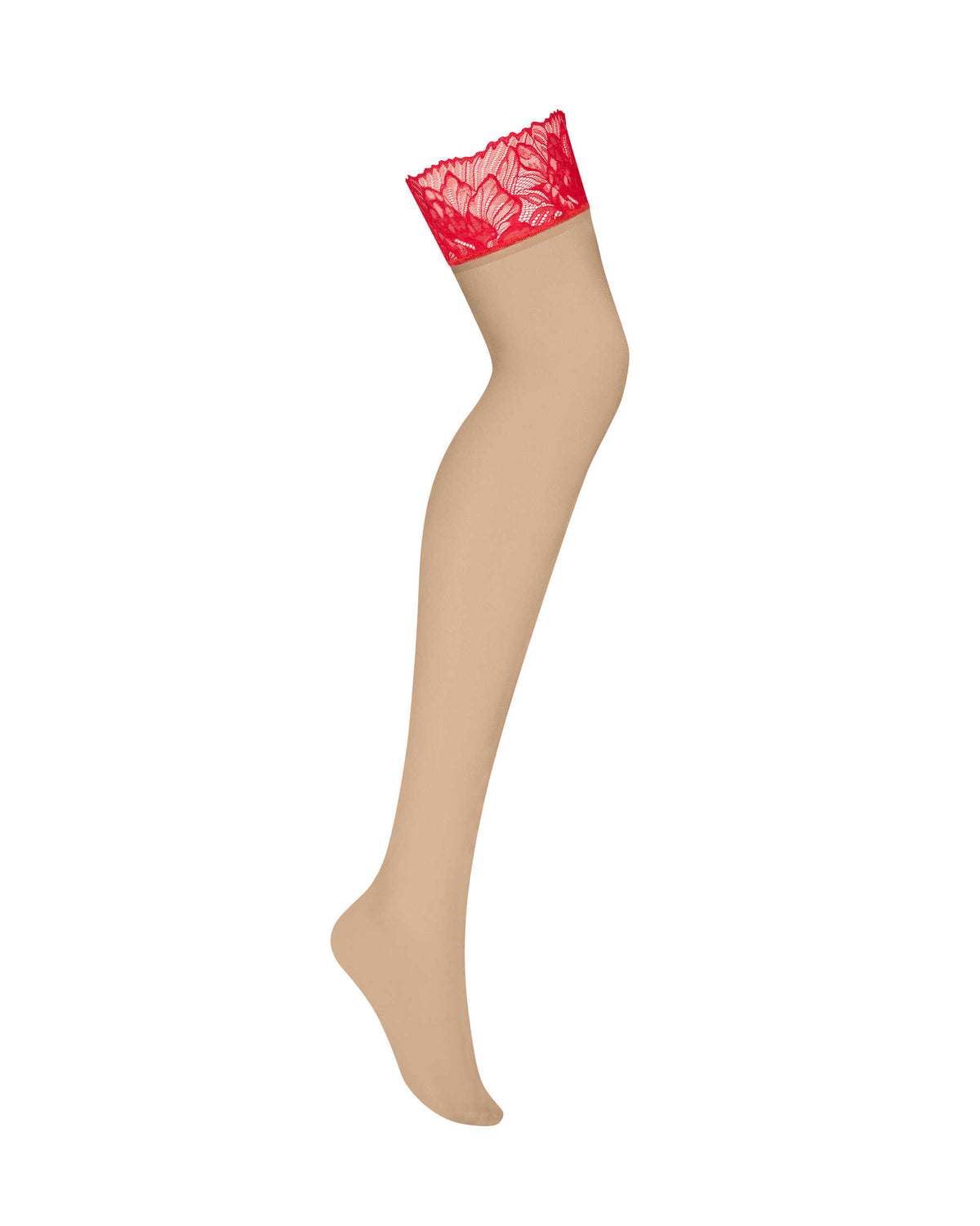 An additional view of the Matildea red and nude lace stockings