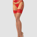 An alternate view of the Matildea red and nude lace stockings, with decorative red lace at the thighs