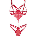 The Matildea red crotchless teddy with a gold chain at the front