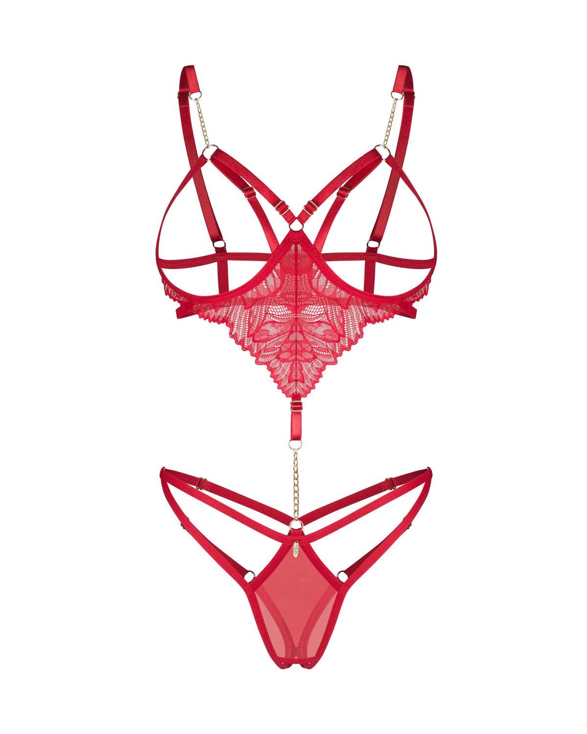 The Matildea red crotchless teddy with a gold chain at the front
