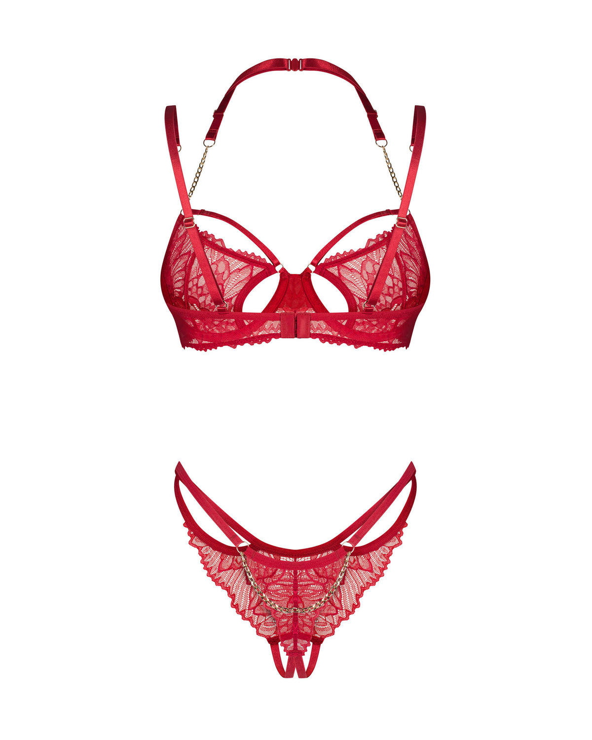 An additional view of the Matildea red lace crotchless set