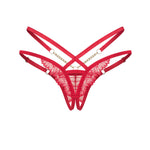 The Matildea red lace crotchless thong, featuring adjustable lower hip straps