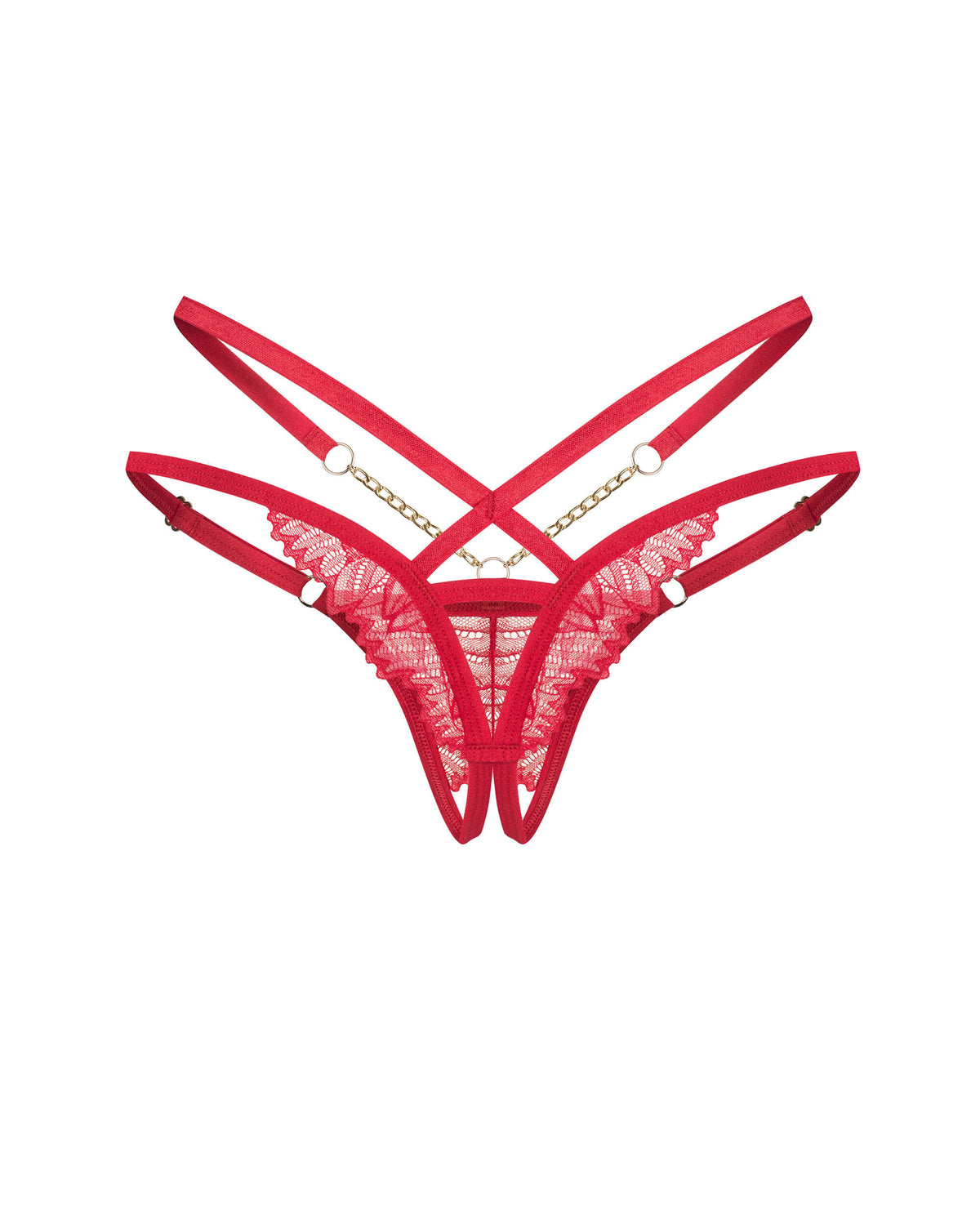 The Matildea red lace crotchless thong, featuring adjustable lower hip straps