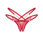 The Matildea red lace crotchless thong seen from another angle