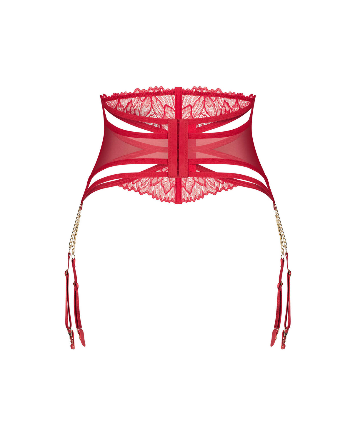 An additional view of the Matildea red lace garter belt
