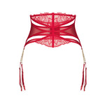 The Matildea red lace garter belt, featuring golden chains linking the garter straps