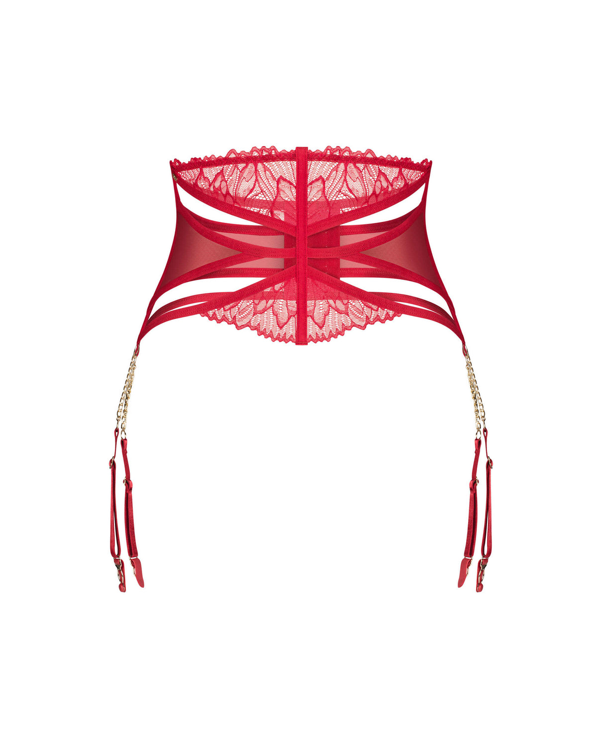 The Matildea red lace garter belt, featuring golden chains linking the garter straps