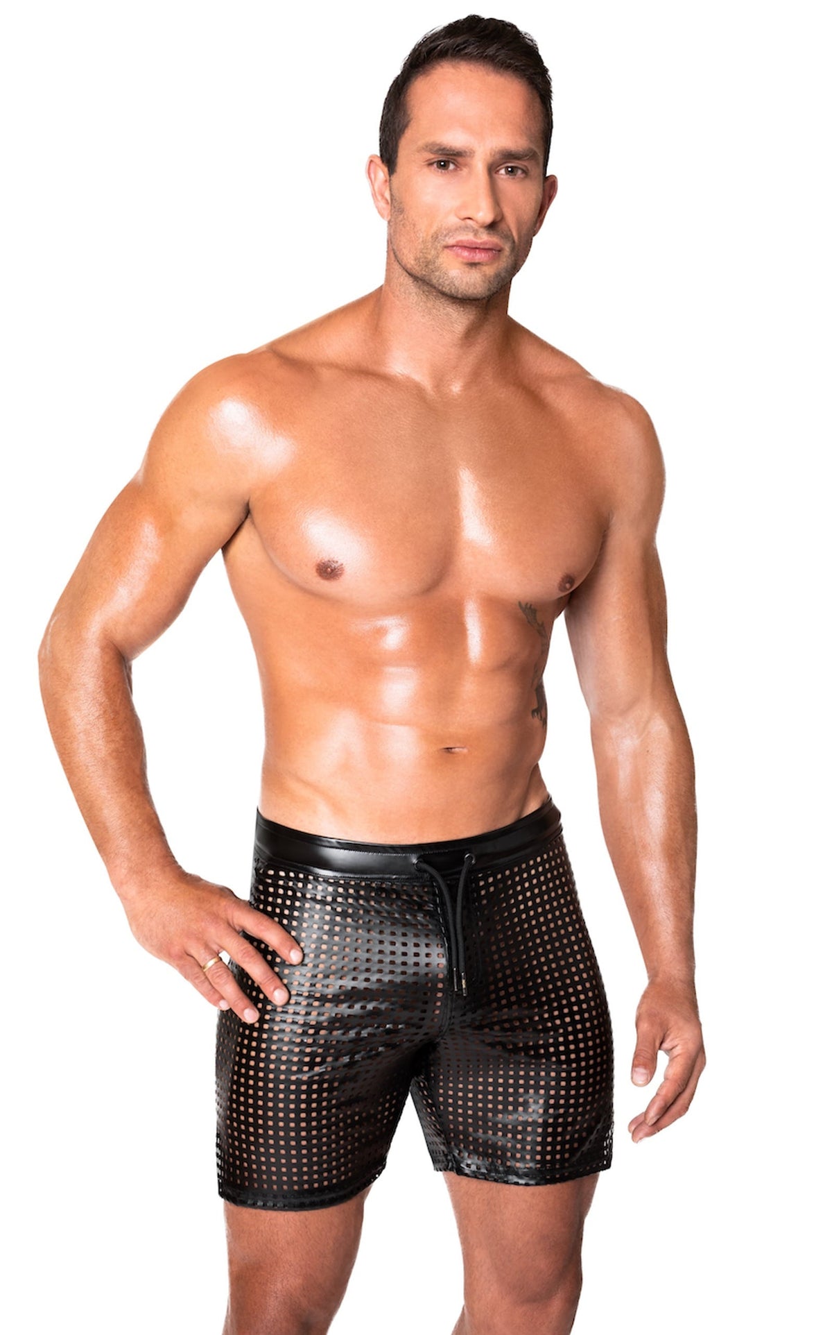 An alternate view of the Mayhem black perforated wetlook biker shorts, with front lace detailing