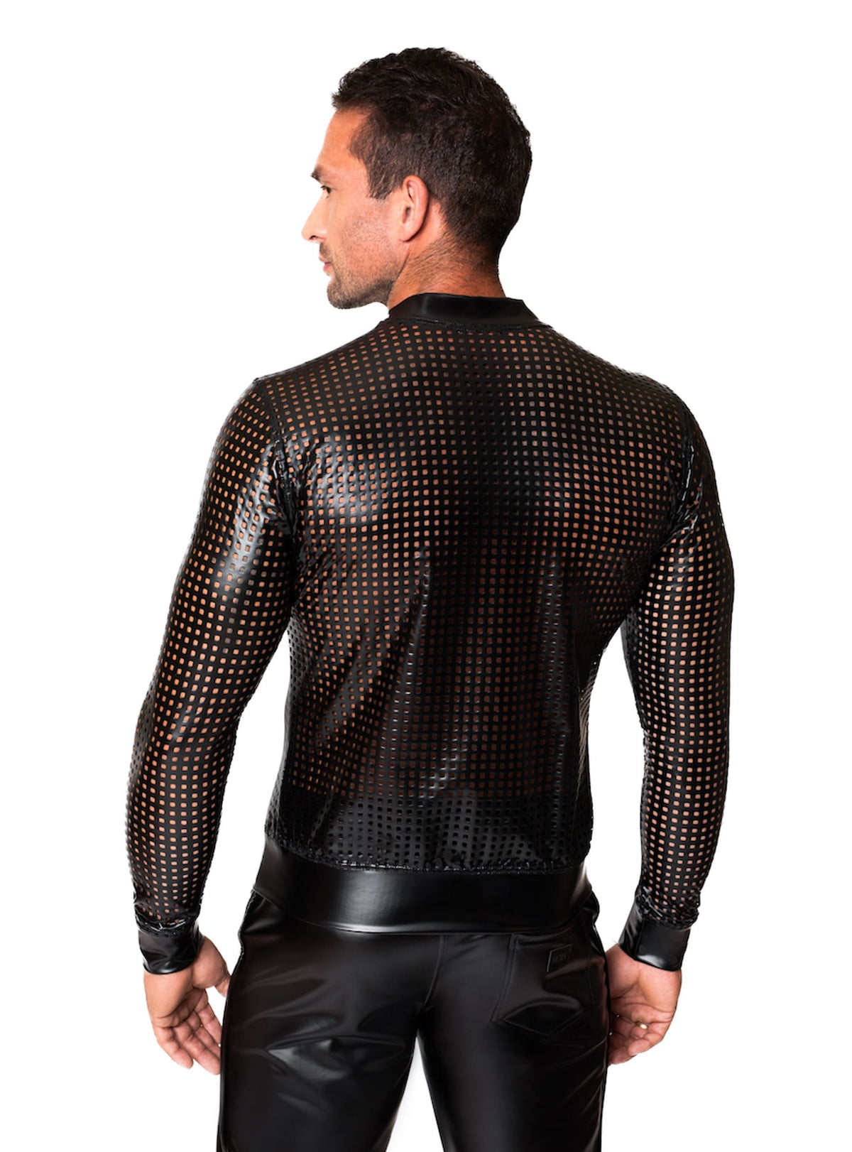 An alternate view of the Mayhem black perforated wetlook bomber jacket, with a full front zipper