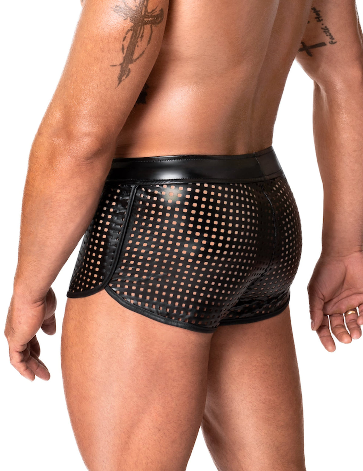 The Mayhem black perforated wetlook briefs seen from another angle