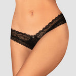 The Medilla black lace crotchless thong, shown in an alternate image