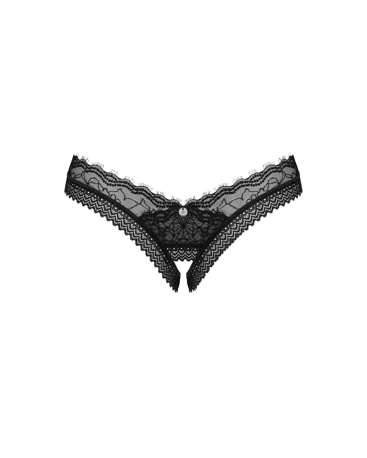 The Medilla black lace crotchless thong in an additional gallery image