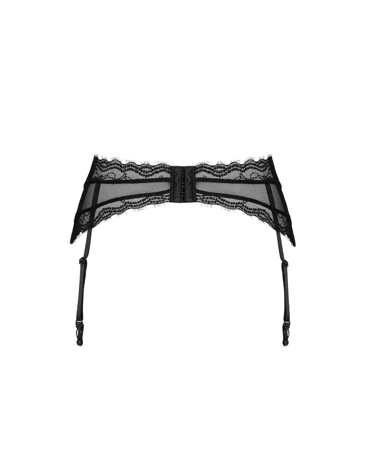 The Medilla black lace garter belt, shown in an alternate image
