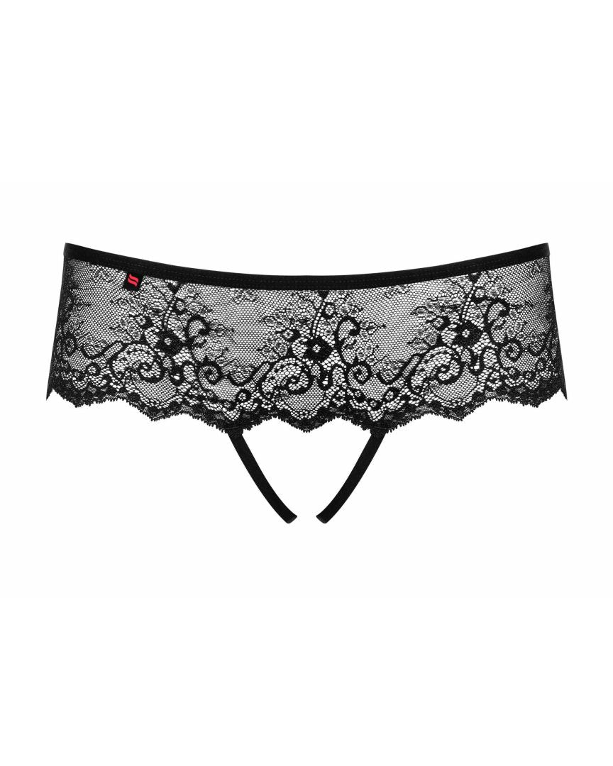 An additional view of the Merossa black floral lace crotchless panties