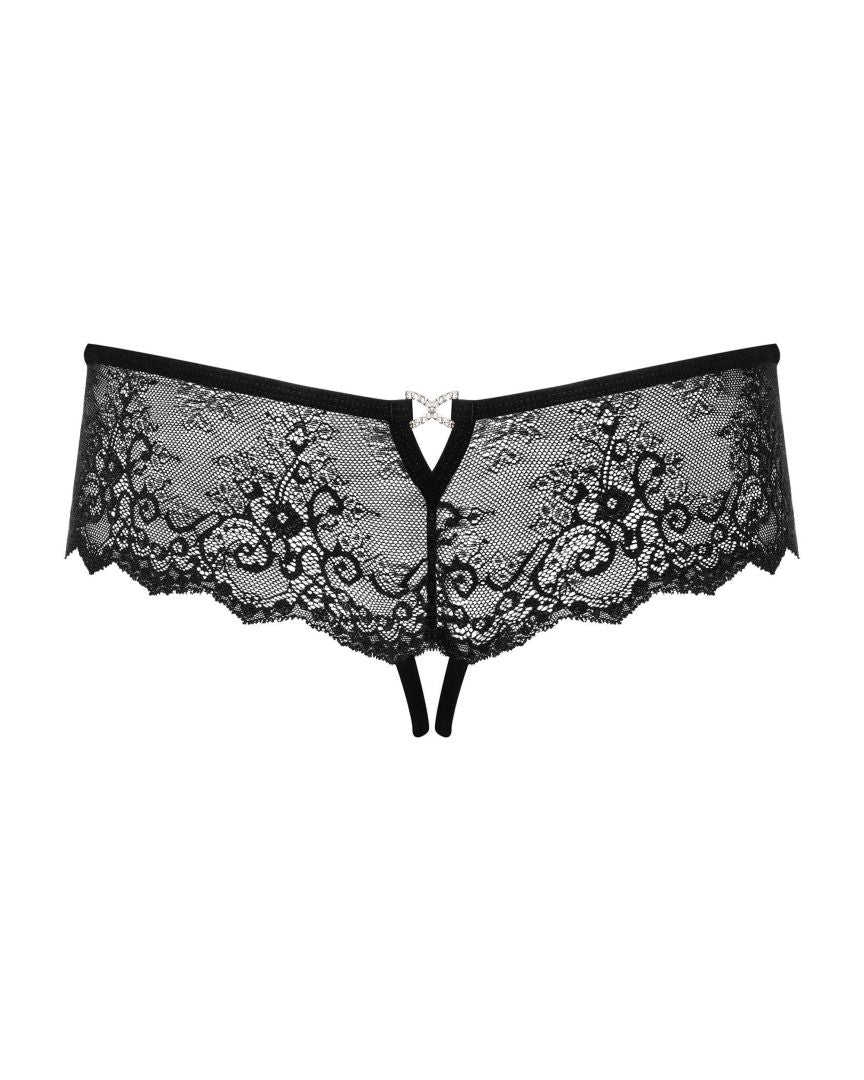 The Merossa black floral lace crotchless panties, featuring elastic trims