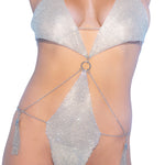 Silver mirrored chainmail teddy with a large ring and chain tassels