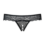 An additional view of the Miamor black lace crotchless thong