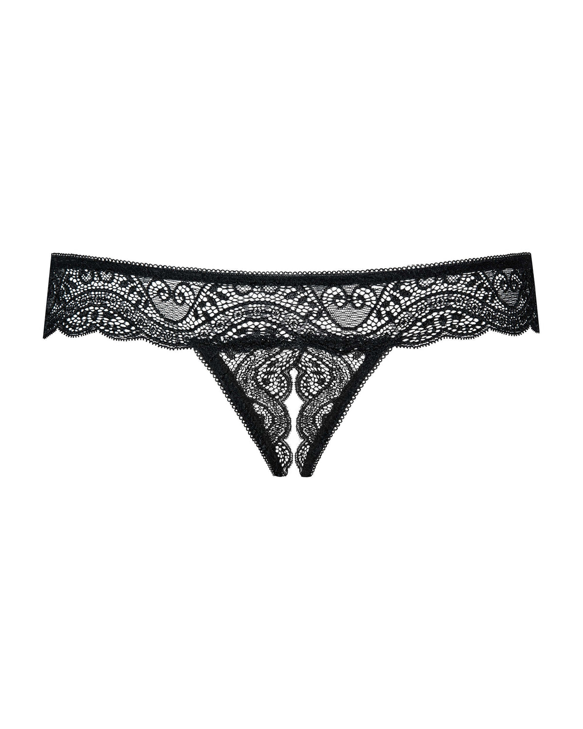 An additional view of the Miamor black lace crotchless thong