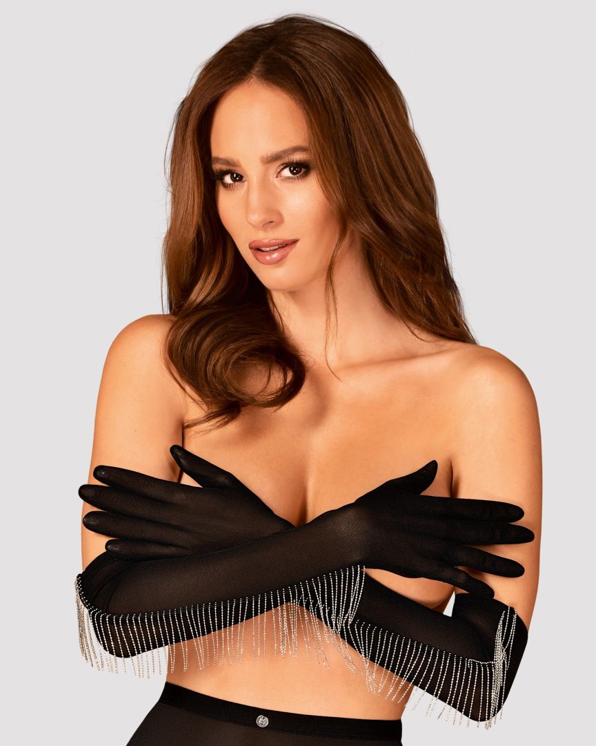 An additional view of the Milladis black beaded mesh gloves