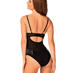 An alternate view of the Milladis black mesh teddy, with an underwired bra