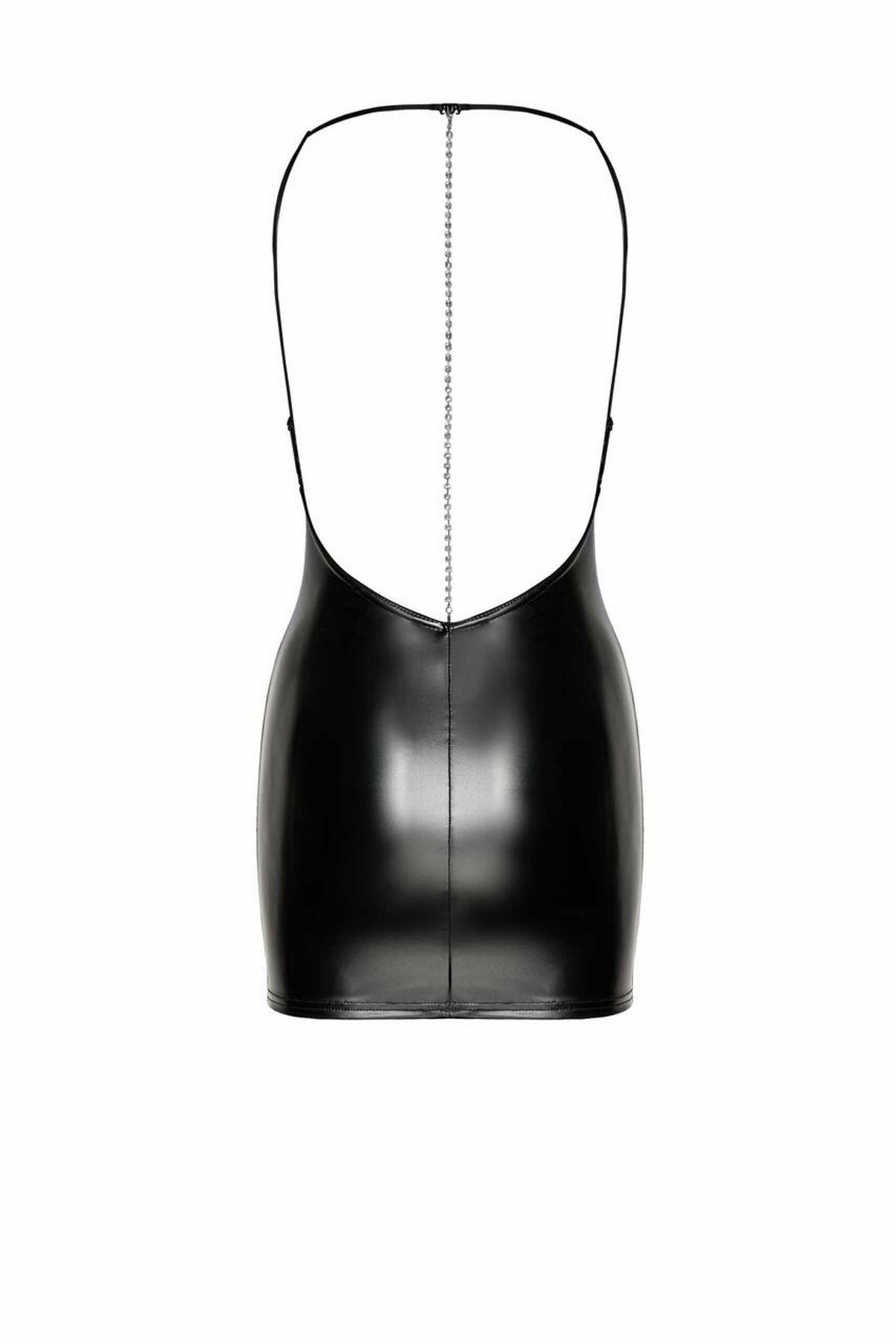 An additional view of the Mirage black wetlook mini dress