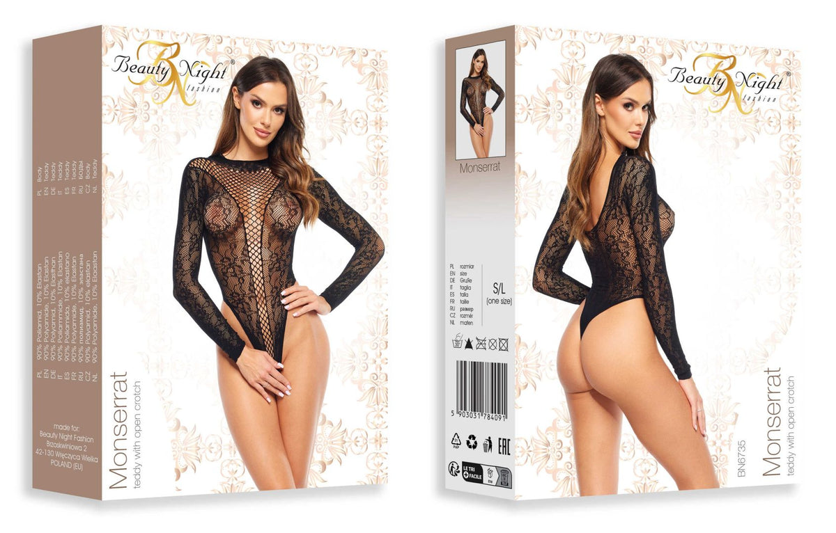 The Monserrat black floral fishnet teddy, shown in an alternate image