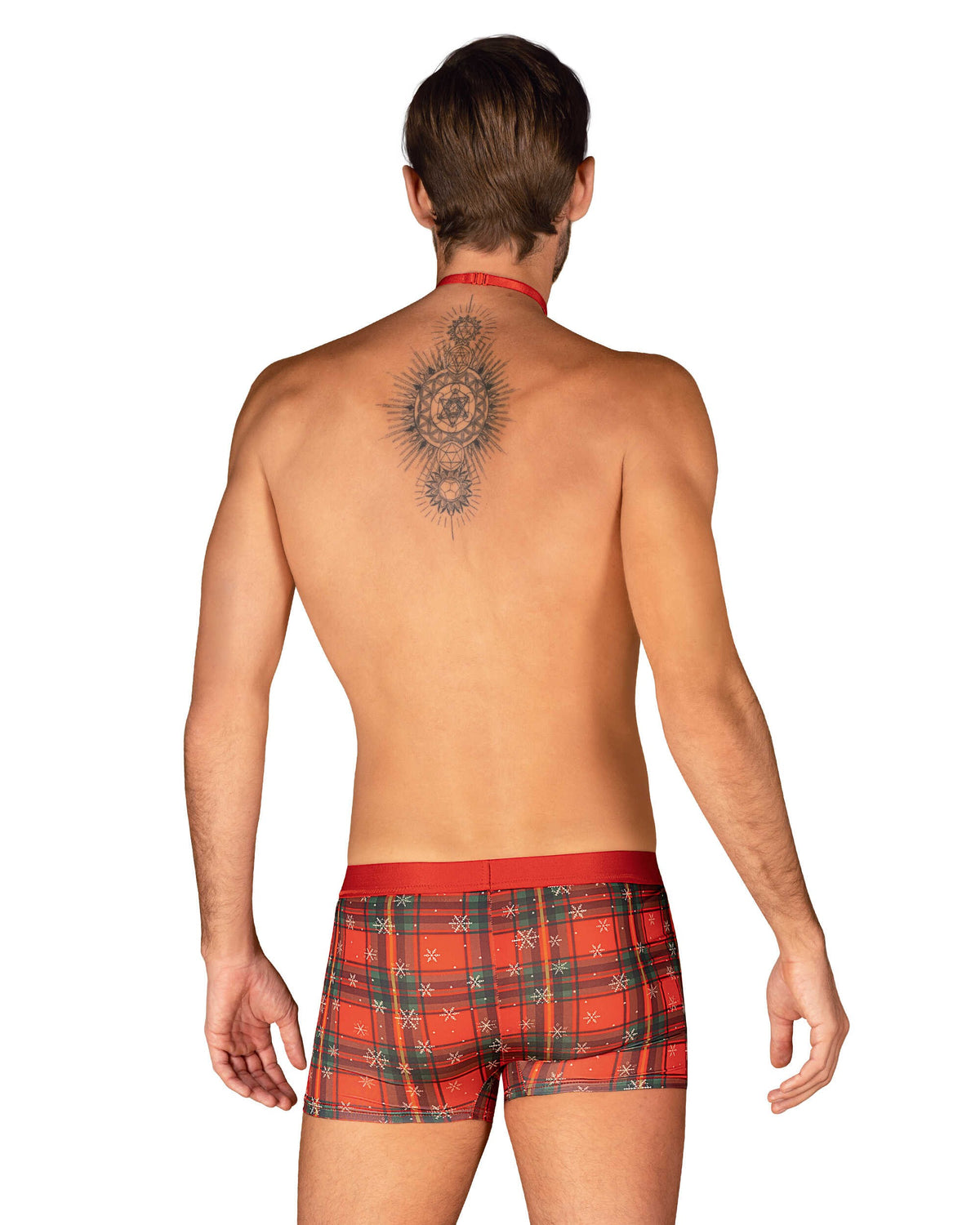 An alternate view of the Mr Merrilo red boxer shorts and bow tie set, with a gold-tone pendant charm