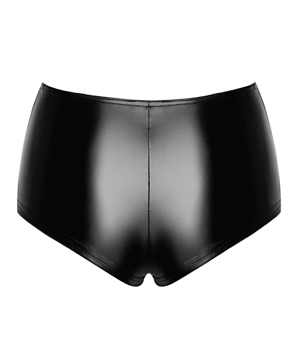 The Mysteria black wetlook shorts, seen from a different angle