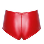 The Mysteria red high-waisted wetlook shorts, seen from a different angle