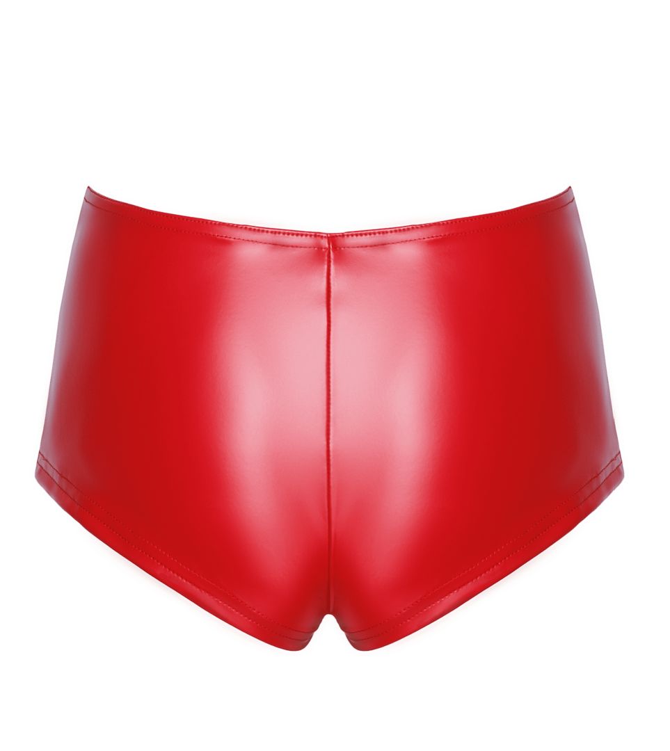 The Mysteria red high-waisted wetlook shorts, seen from a different angle
